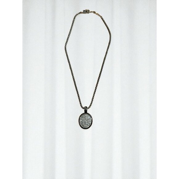 Silver-Tone Pendant Necklace With Rhinestone Pave Round Charm 18" Adjustable Cha - Picture 4 of 8